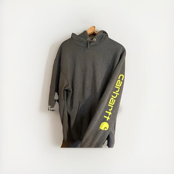 Carharrt Medium Sleeve Graphic Hoodie Heather Gray Pullover Loose Fit - Picture 2 of 5